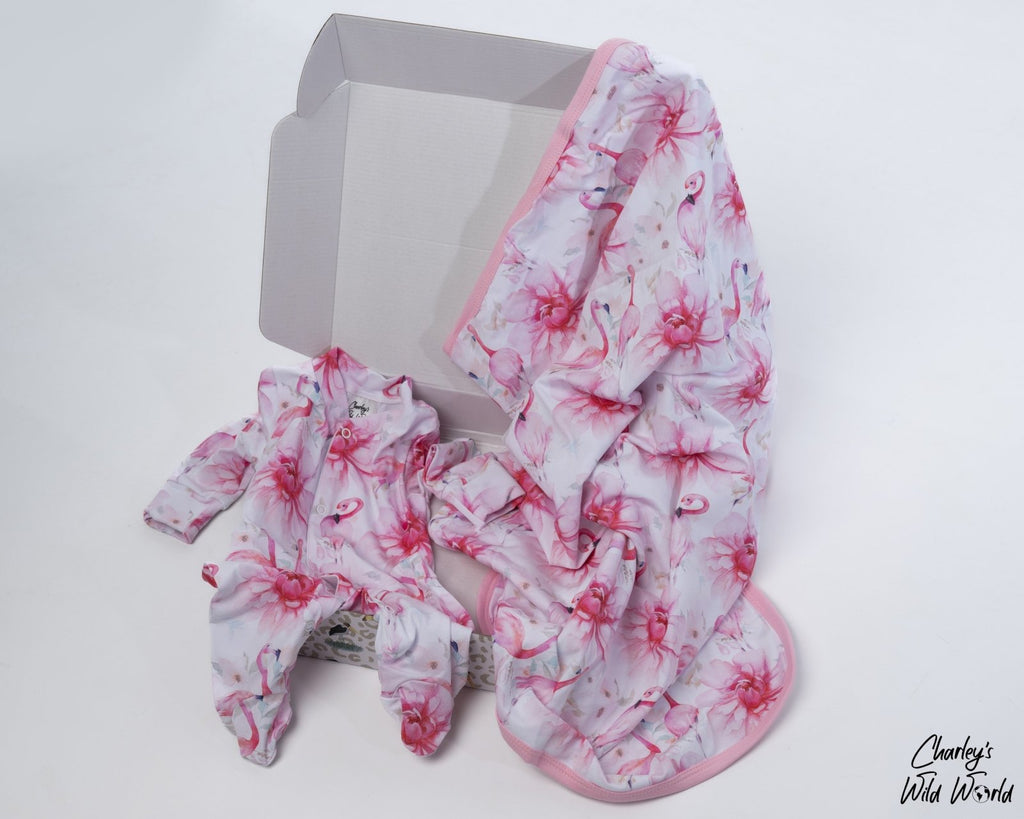 Fabulous Flamingo Sleepsuit, Muslin Blanket & Cotton Blanket Gift Set - CharleysWildWorld