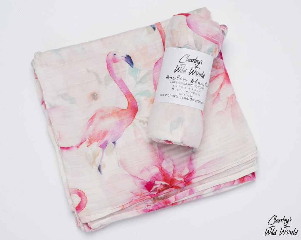 Fabulous Flamingo’s - 100% Organic Cotton Muslin Blanket - CharleysWildWorld
