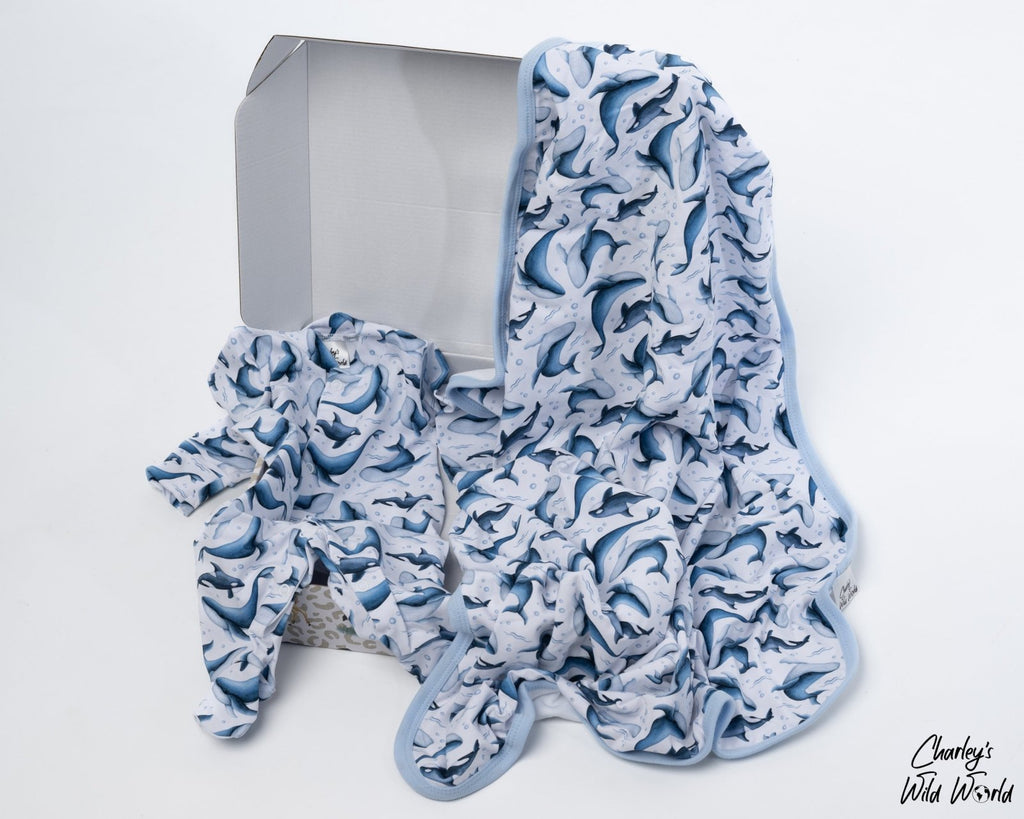 Wonderful Whale Sleepsuit, Muslin Blanket & Cotton Blanket Gift Set - CharleysWildWorld