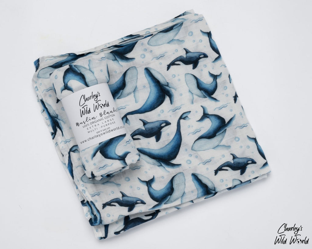 Wonderful Whales- 100% Organic Cotton Muslin Blanket - CharleysWildWorld