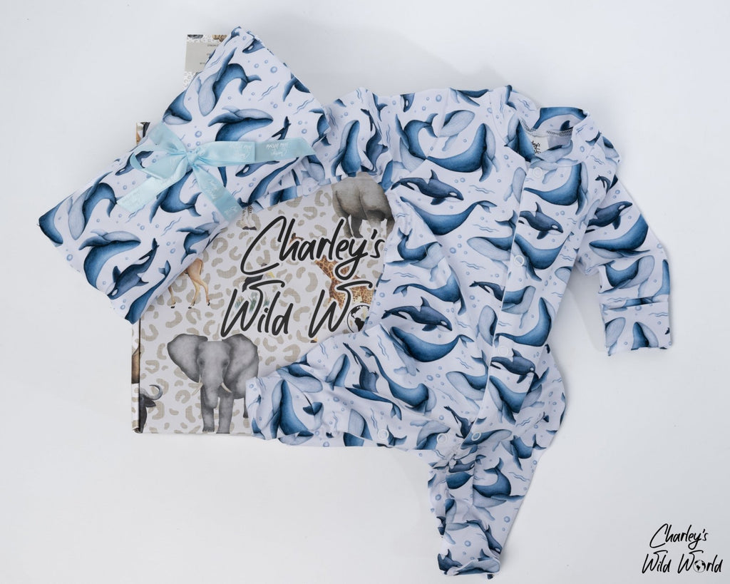 Wonderful Whales Sleepsuit & Muslin Blanket Gift Set - CharleysWildWorld